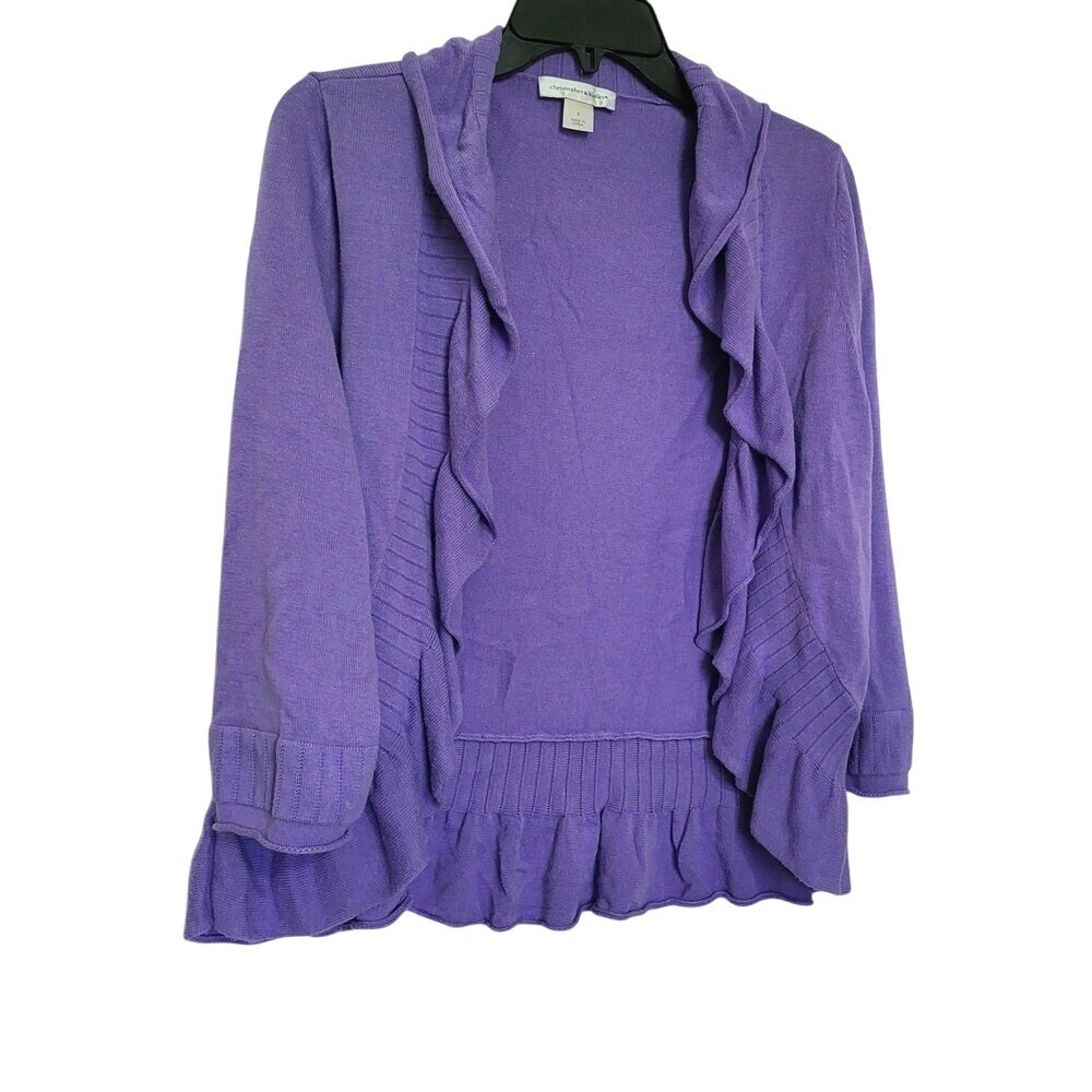 Christopher & Banks Womens Purple Ruffle Trim Open Front Classic Cardigan Small